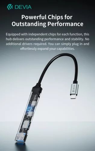 Devia Lite1 4 in 1 Hub - USB-C 3.1 - USB 3.0/USB 2.0/2xType-C elosztó/adapter - szürke