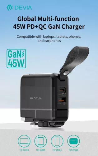 Devia Global 45W PD+QC hálózati gyorstöltő utazó adapter (CN/JP/US/EU/UK/AU) - fekete