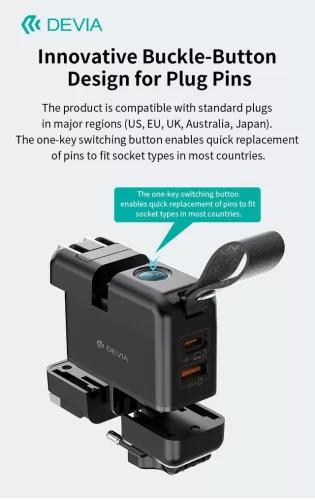 Devia Global 45W PD+QC hálózati gyorstöltő utazó adapter (CN/JP/US/EU/UK/AU) - fekete