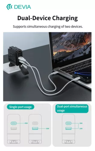 Devia Global 45W PD+QC hálózati gyorstöltő utazó adapter (CN/JP/US/EU/UK/AU) - fekete