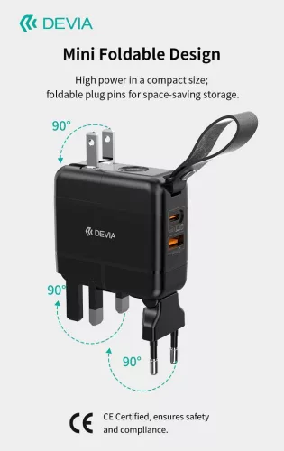 Devia Global 45W PD+QC hálózati gyorstöltő utazó adapter (CN/JP/US/EU/UK/AU) - fekete
