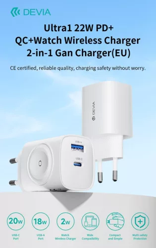 Devia Ultra1 22W PD+QC+Apple Watch 2in1 hálózati gyorstöltő adapter - fehér