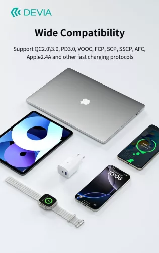 Devia Ultra1 22W PD+QC+Apple Watch 2in1 hálózati gyorstöltő adapter - fehér