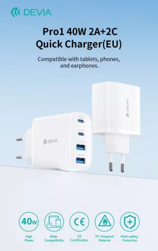 Devia Pro1 40W GaN QC 2xUSB + 2xType-C hálózati gyorstöltő adapter - fehér