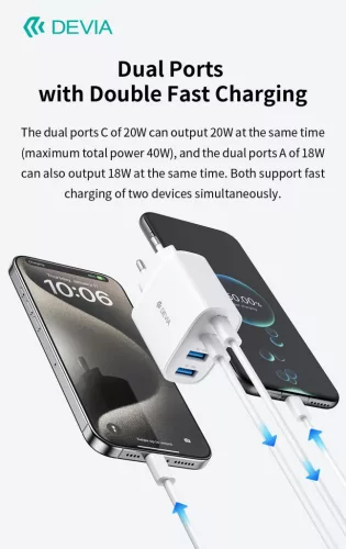 Devia Pro1 40W GaN QC 2xUSB + 2xType-C hálózati gyorstöltő adapter - fehér