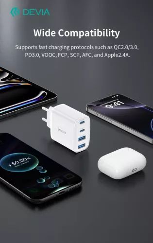 Devia Pro1 40W GaN QC 2xUSB + 2xType-C hálózati gyorstöltő adapter - fehér