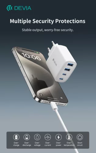 Devia Pro1 40W GaN QC 2xUSB + 2xType-C hálózati gyorstöltő adapter - fehér