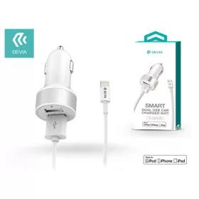   Devia 2xUSB szivargyújtós töltő adapter + USB + Lightning kábel (MFI engedélyes)- 5V/2,4A - Devia Smart Dual USB - fehér