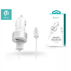  Devia 2xUSB szivargyújtó töltő adapter + USB - micro USB kábel 1 m-es vezetékkel- 5V/2,4A - Devia Smart Dual USB Car Charger Suit - fehér