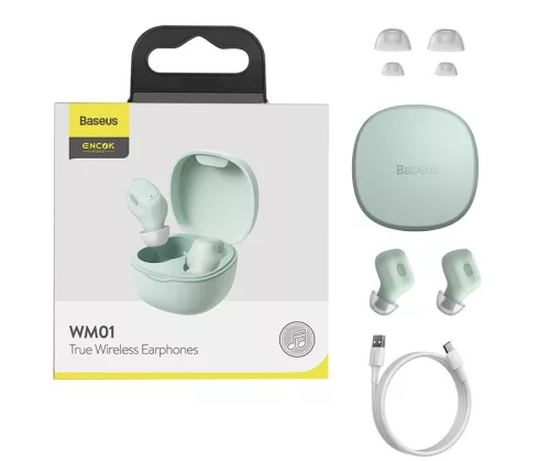 Baseus TWS Bluetooth sztereó headset v5.0 + töltőtok - Baseus WM01 True WirelessEarphones with Charging Case - zöld