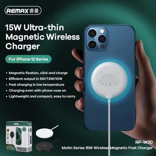 Remax Qi univerzális vezeték nélküli töltő állomás - 15W - Remax RP-W30 MagneticMagSafe Fast Charger - fekete