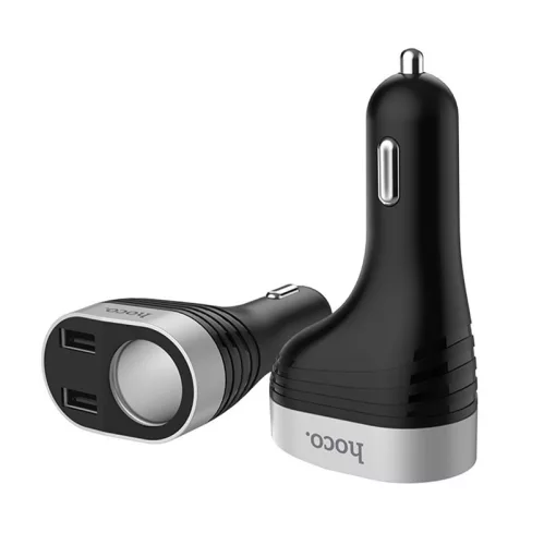 HOCO 2xUSB szivargyújtó töltő adapter + szivargyújtós aljzattal, LED kijelzővel - HOCO Z29 Car Charger - fekete/ezüst