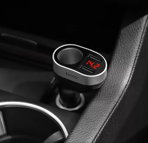 HOCO 2xUSB szivargyújtó töltő adapter + szivargyújtós aljzattal, LED kijelzővel - HOCO Z29 Car Charger - fekete/ezüst