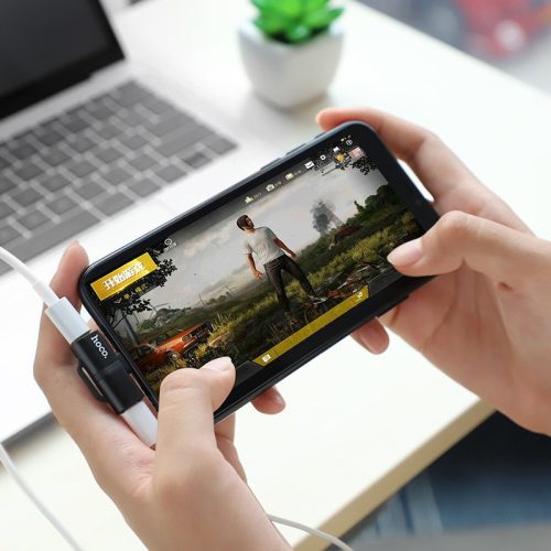 HOCO lightning + lightning adapter egyidőben történő töltéshez és zenehallgatáshoz - 5V/2A - HOCO LS20 - ezüst