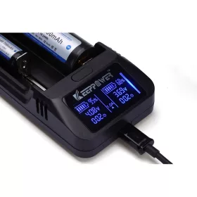   KeepPower LCD akku töltő Li-ion 14500/16340/CR123/18650/26650 cellákhoz Power bank funkcióval