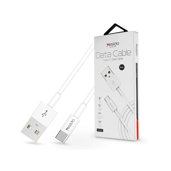 YESIDO USB - USB Type-C adat- és töltőkábel 1,2 m-es vezetékkel - YESIDO CA22 Type-C Data Cable - 5V/2.4A - fehér