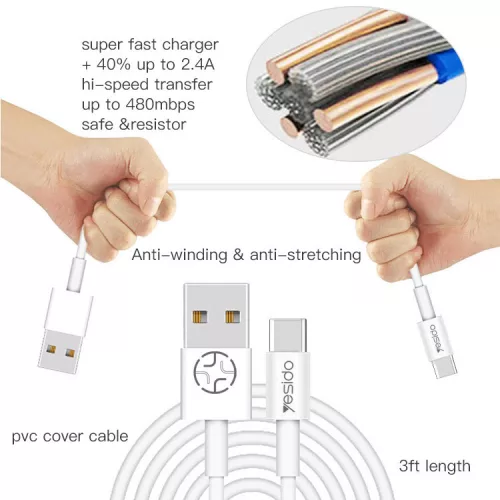 YESIDO USB - USB Type-C adat- és töltőkábel 1,2 m-es vezetékkel - YESIDO CA22 Type-C Data Cable - 5V/2.4A - fehér