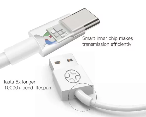YESIDO USB - USB Type-C adat- és töltőkábel 1,2 m-es vezetékkel - YESIDO CA22 Type-C Data Cable - 5V/2.4A - fehér