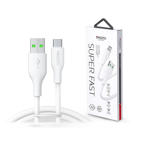 YESIDO USB - USB Type-C adat- és töltőkábel 1,2 m-es vezetékkel - YESIDO CA72 Super Fast Type-C Data Cable - 5V/5A - fehér