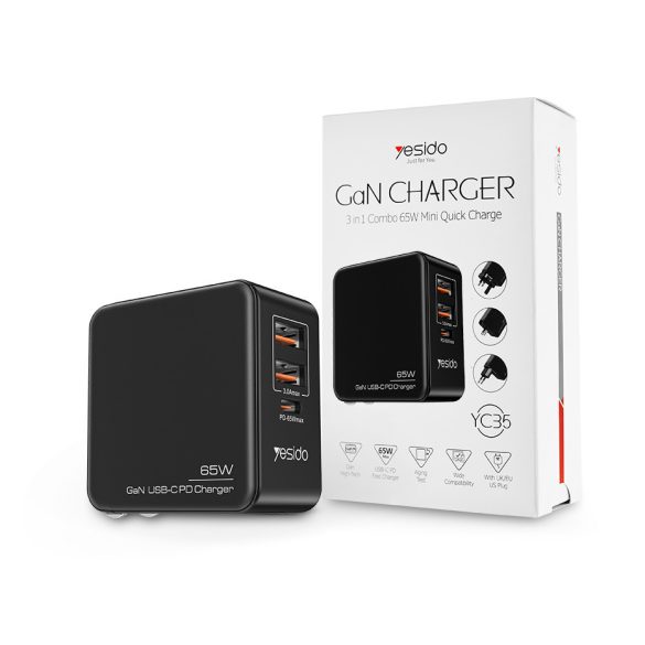 YESIDO hálózati töltő adapter 2xUSB + Type-C bemenettel - 65W - YESIDO YC35 3in1 GaN Charger PD + QC3.0 - fekete