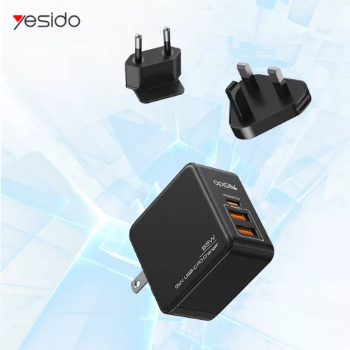 YESIDO hálózati töltő adapter 2xUSB + Type-C bemenettel - 65W - YESIDO YC35 3in1 GaN Charger PD + QC3.0 - fekete