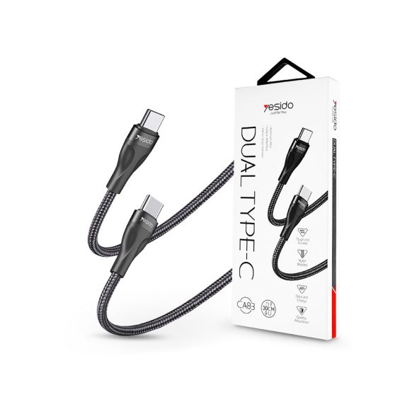 USB Type-C - USB Type-C adat- és töltőkábel 30 cm-es vezetékkel - YESIDO CA83   Dual Type-C Charging and Data Cable - 45W - fekete