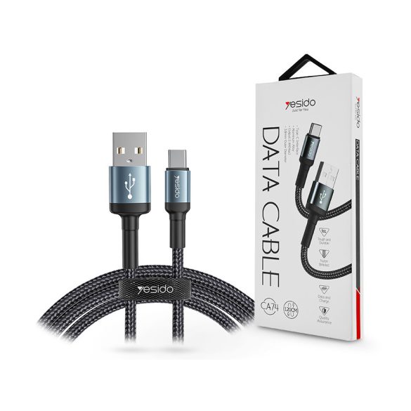 YESIDO USB - USB Type-C adat- és töltőkábel 1,2 m-es vezetékkel - YESIDO CA74 Type-C Data Cable - 5V/2,4A - fekete