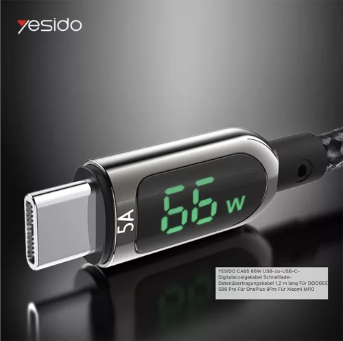 YESIDO USB - USB Type-C adat- és töltőkábel 1,2 m-es vezetékkel - YESIDO CA85 Super Fast Type-C Data Cable Digital Display - 5V/5A - fekete