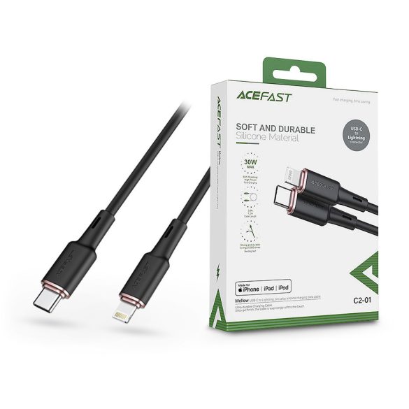 ACEFAST Type-C - Lightning töltő- és adatkábel 1,2 m-es vezetékkel - ACEFAST C2-01 Mellow Charging Data Cable - 30W - fekete (Apple MFI engedélyes)