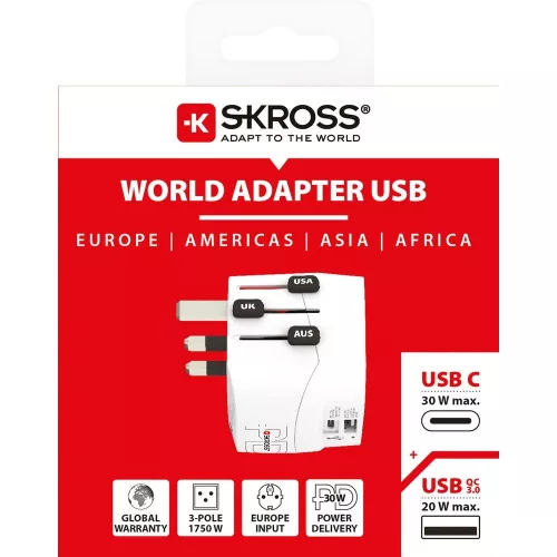 SKROSS PRO Light USB AC30PD, világutazó hálózati csatlakozó átalakító, földelt PD(gyorstöltés)