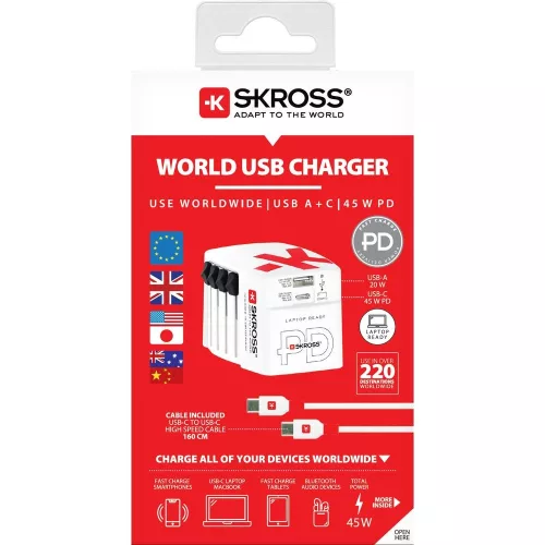 SKROSS World USB világutazó átalakító adapter, PD, (USB-C,USB-A) 45W, + USB-C kábel
