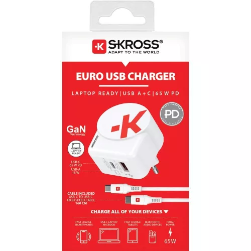 SKROSS USB gyorstöltő (USB-C,USB-A) 65W, PD, + 1,6m USB-C kábel, GaN