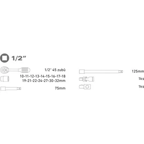 Extol Premium 6523 dugókulcs készlet, racsnis 45fog, 1/2" 21db, 10-32mm