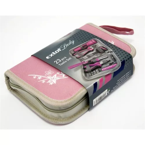 Extol Lady 6595 szerszámkészlet, 23db, 1/4"; extol lady, rózsaszín, 4 dugófej (6-12mm), fogók, csavarhúzó markolat, mérőszalag, bit-ek