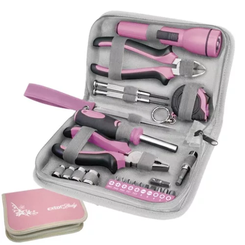 Extol Lady 6595 szerszámkészlet, 23db, 1/4"; extol lady, rózsaszín, 4 dugófej (6-12mm), fogók, csavarhúzó markolat, mérőszalag, bit-ek