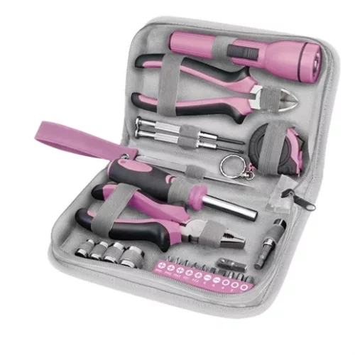 Extol Lady 6595 szerszámkészlet, 23db, 1/4"; extol lady, rózsaszín, 4 dugófej (6-12mm), fogók, csavarhúzó markolat, mérőszalag, bit-ek