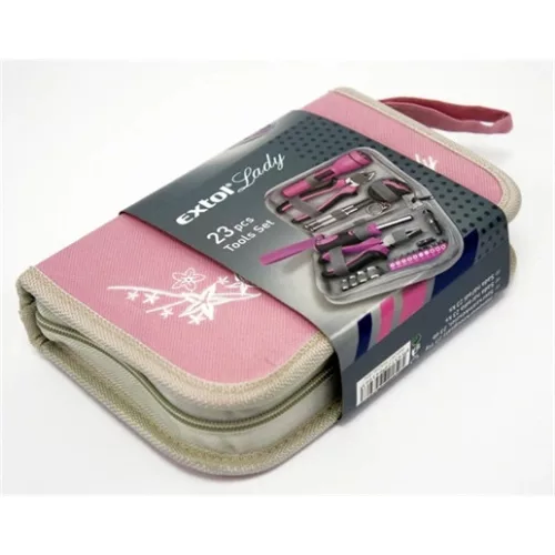 Extol Lady 6595 szerszámkészlet, 23db, 1/4"; extol lady, rózsaszín, 4 dugófej (6-12mm), fogók, csavarhúzó markolat, mérőszalag, bit-ek