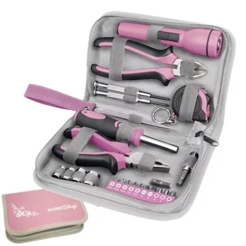 Extol Lady 6595 szerszámkészlet, 23db, 1/4"; extol lady, rózsaszín, 4 dugófej (6-12mm), fogók, csavarhúzó markolat, mérőszalag, bit-ek