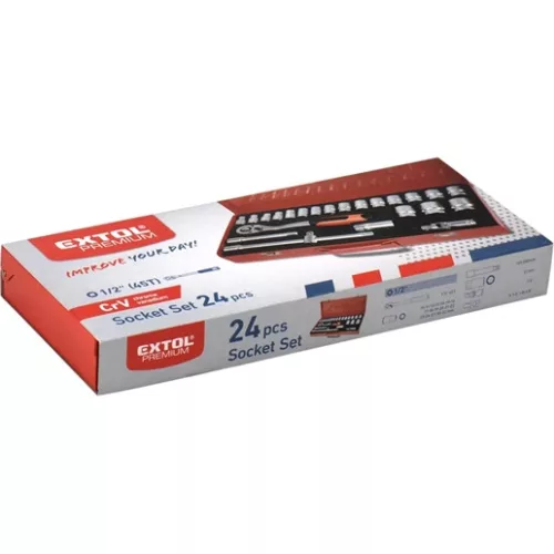 Extol Premium 8818365 dugókulcs készlet, 10-32mm, cv., racsnis 45fog, 1/2", 24db, fém doboz