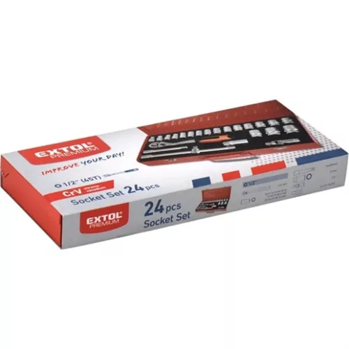 Extol Premium 8818365 dugókulcs készlet, 10-32mm, cv., racsnis 45fog, 1/2", 24db, fém doboz