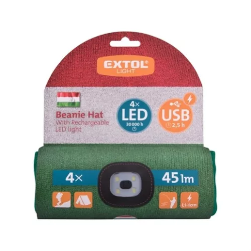 Extol Light 43453 sapka, piros/fehér/zöld, kötött, kivehető led homloklámpával