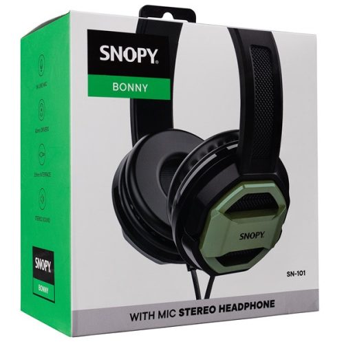 Snopy Fejhallgató - SN-101 BONNY Green (stereo, mikrofon, 3.5mm jack, 1m kábel, fekete-zöld)