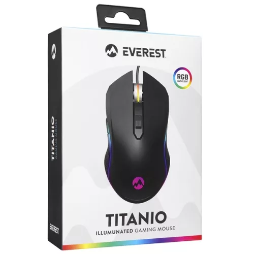 Everest Gamer Egér - SM-F09 TITANIO  (7200 DPI, 6gomb, 1,8m harisnyázott kábel,optikai, fekete, RGB LED)