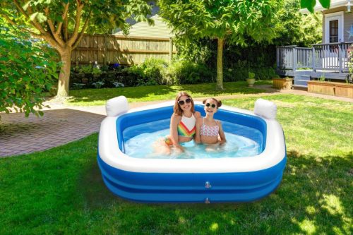 Felfújható medence fejtámlával, italtartóval – 213 x 206 x 60 cm – Fehér / Kék (56438)