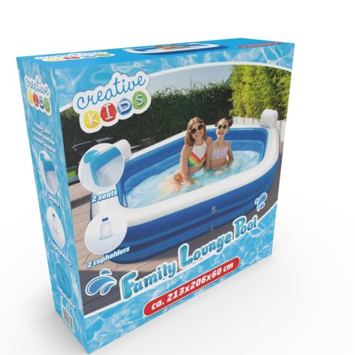 Felfújható medence fejtámlával, italtartóval – 213 x 206 x 60 cm – Fehér / Kék (56438)