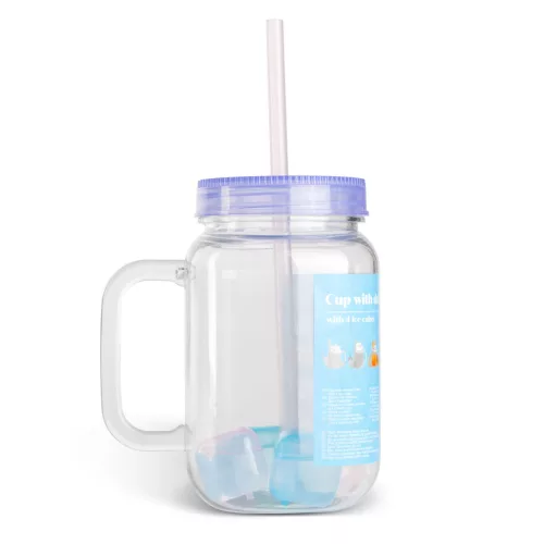 Szívószálas pohár - lila - 4 db hűthető jégkockával, 550ml,  17 x 7.5 x 13.5 cm (57160S)