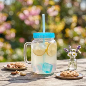   Szívószálas pohár - kék - 4 db hűthető jégkockával, 550ml,  17 x 7.5 x 13.5 cm (57160Q)