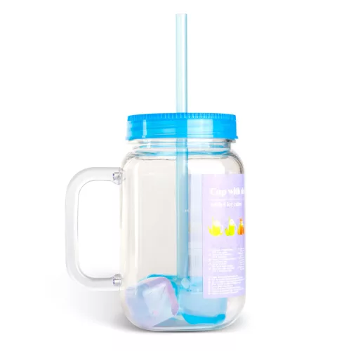 Szívószálas pohár - kék - 4 db hűthető jégkockával, 550ml,  17 x 7.5 x 13.5 cm (57160Q)