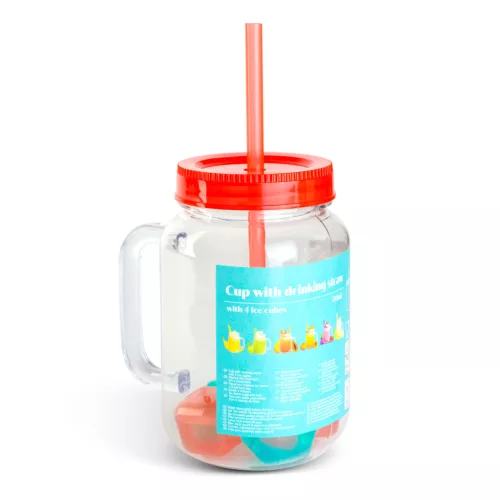 Szívószálas pohár - piros - 4 db hűthető jégkockával, 550ml,  17 x 7.5 x 13.5 cm (57160P)