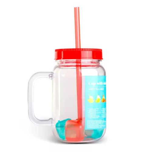 Szívószálas pohár - piros - 4 db hűthető jégkockával, 550ml,  17 x 7.5 x 13.5 cm (57160P)